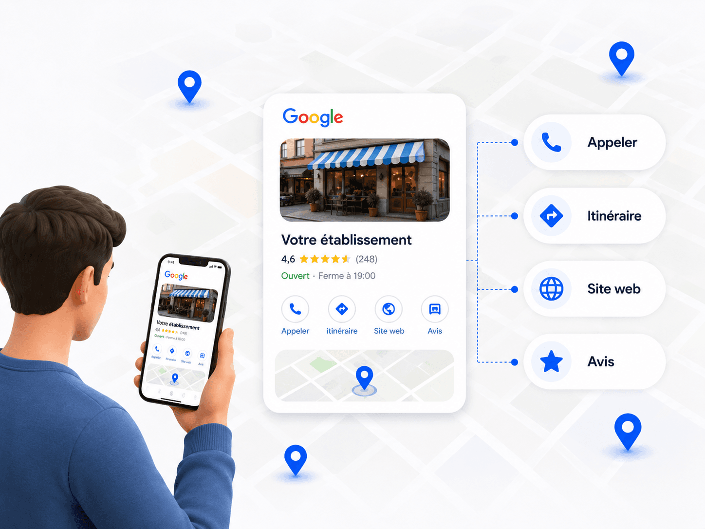 Fiche établissement en ligne avec note et actions de contact