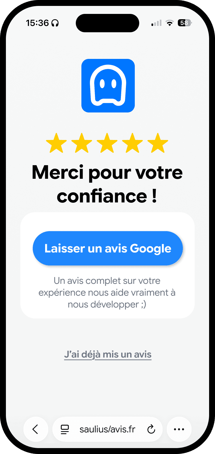 Exemple d'écran client invitant à laisser un avis après une expérience positive